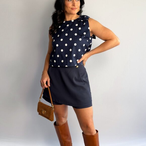 Women’s Navy Polka Dot Sleeveless Top – Bow-Shoulder Detail, Boxy Fit - Picture 2 of 8